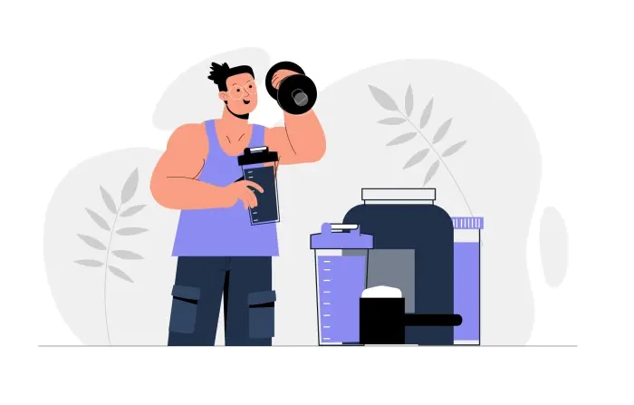 Gym Man Making Protein Powder Shake Scene Vector Illustration
