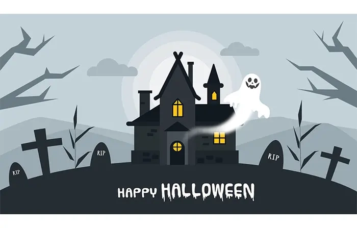 Halloween House with Ghost Head 2D Design Illustration