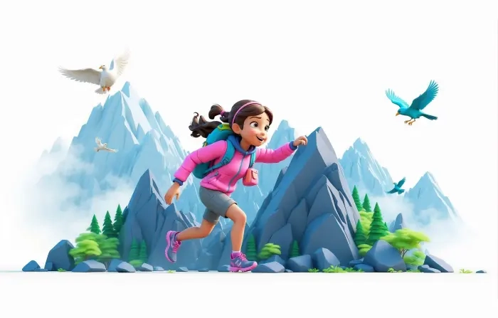 Happy Girl in Forests Playing with Birds 3D Character Illustration image