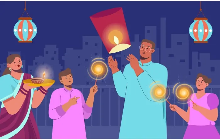 Happy Man Celebrating Diwali with Family Illustration