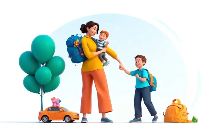 Happy Mother's Day Concept 3D Cartoon Mom and Kids Illustration