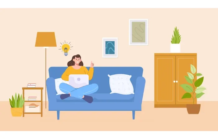 Home Relaxation Girl with Laptop Character Design Illustration