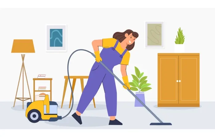 Housekeeping Services Concept Art Girl Character Cleaning Floor Illustration