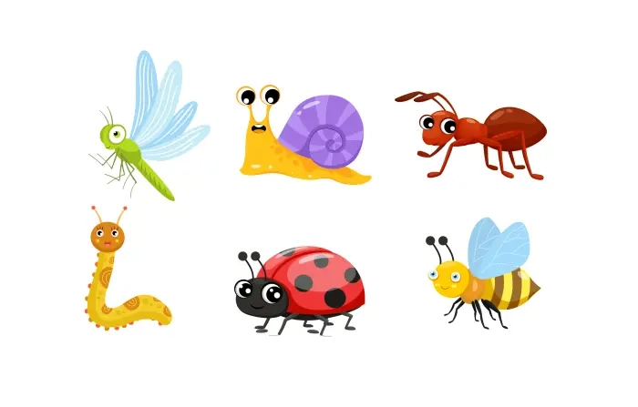 Illustration of Cute Cartoon Insects in Flat Design