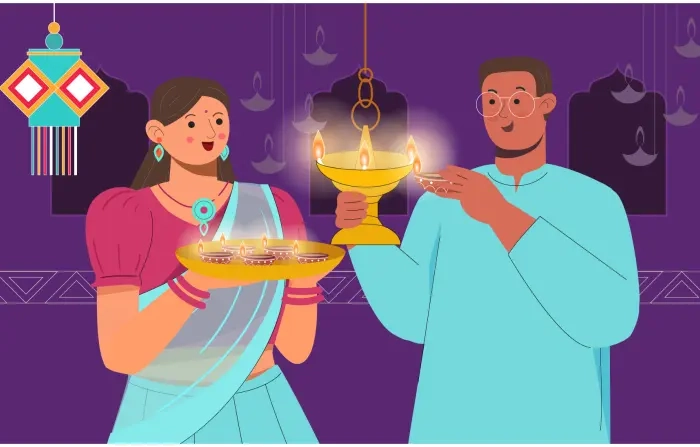 Indian Couple Flat Character Celebrating Diwali Vector Stock Illustration image