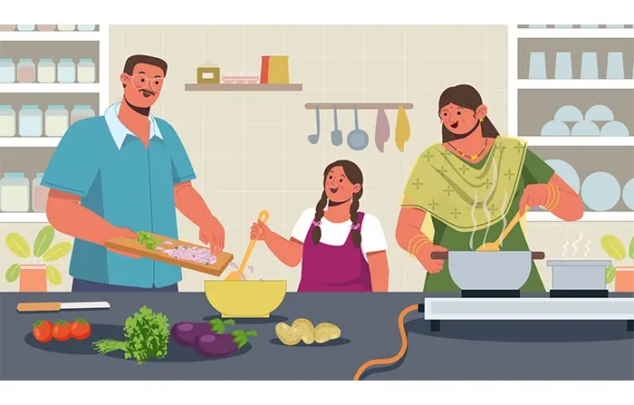 Indian Family in the Kitchen Cocking Food Flat Design Illustration image