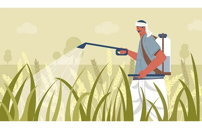 Indian Farmer Spraying Pesticide in His Farm Flat Character Illustration image