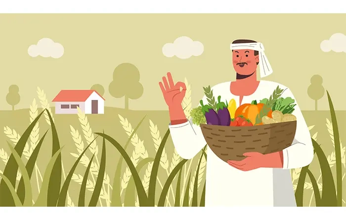 Indian Farmer Stands in His Farm with Vegetable Basket Flat Character Illustration