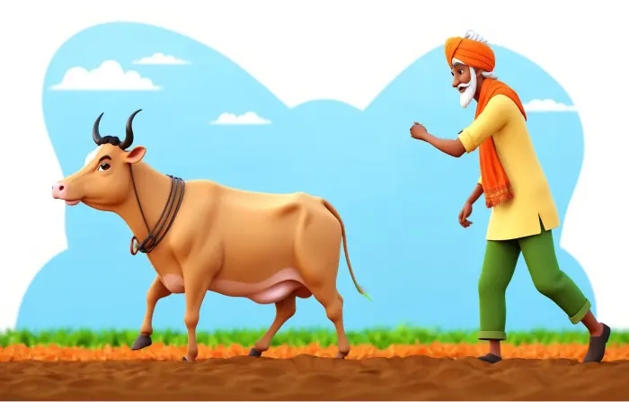 Indian Farmer Working Traditionally with Bull at His Farm 3D Design Illustration
