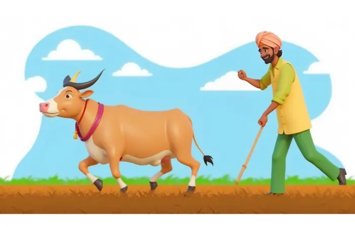 Indian Farmer Working with Bull in Farm 3D Character Illustration