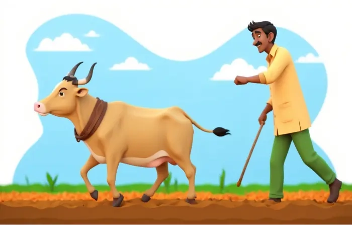 Indian Farmer Working with Bull in Farm 3D Digital Character Illustration image