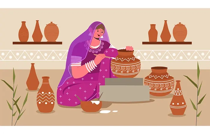 Indian Female Pottery 2D Character Design Illustration