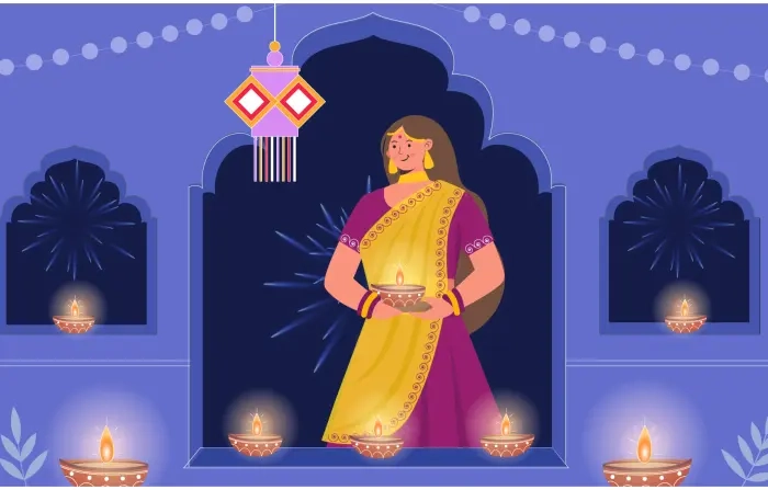 Indian Festival Diwali Celebrating Women Flat Character Illustration