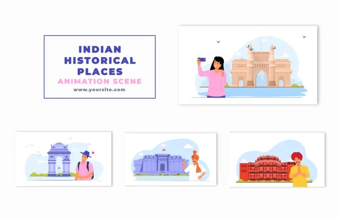 Indian Historical Tour Places Flat Vector Animation Scene