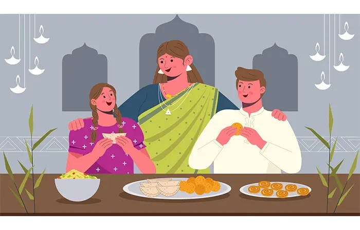Indian Mom Feeding Sweets to Her Kids During Diwali 2d Vector Illustration