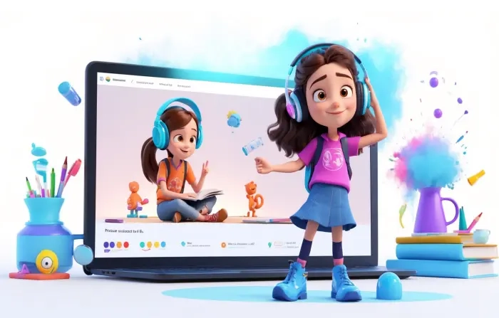 Interactive Learning Girl 3D Style Character Design Illustration