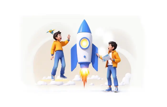 Kids Launching Rocket Creative 3D Illustration Template