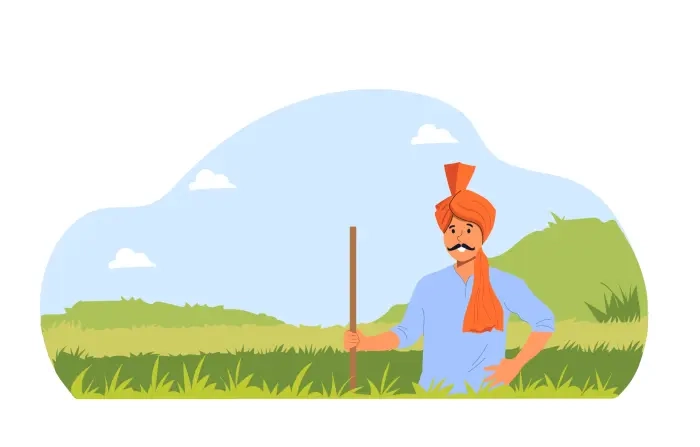 Maharashtrian Man with Feta and Wooden Stick Standing in Farm Illustration