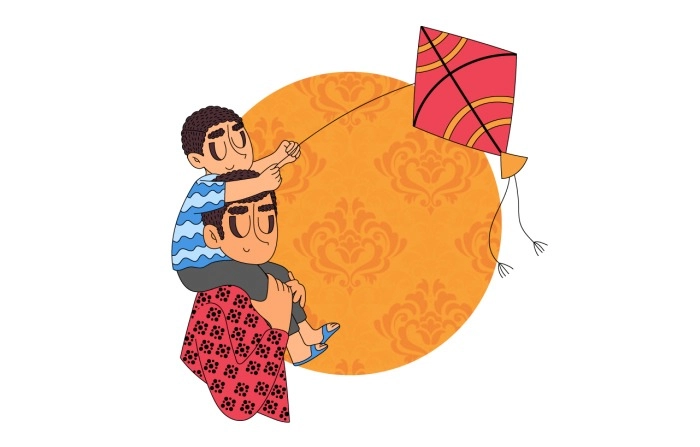 Makar Sankranti Illustration A kid On His Fathers Shoulders Flying A Kite