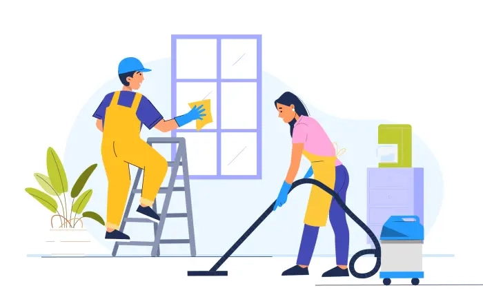 Male and Female Cleaning Staff Working in Office Building Vector Illustration image