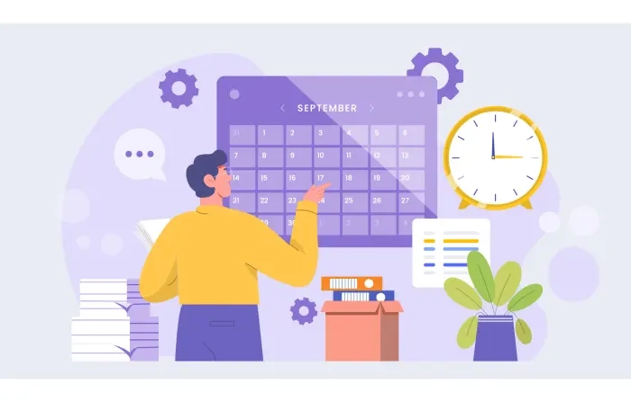 Man Planning Her Work Time in 2D Vector Template