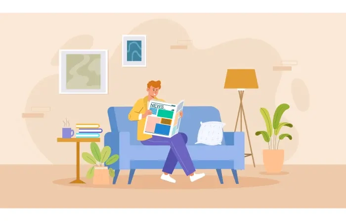 Man Reading Newspaper at Home Flat Character Design Illustration image