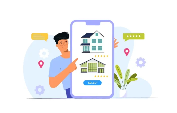 Man Searching Rental Home on Mobile Illustration