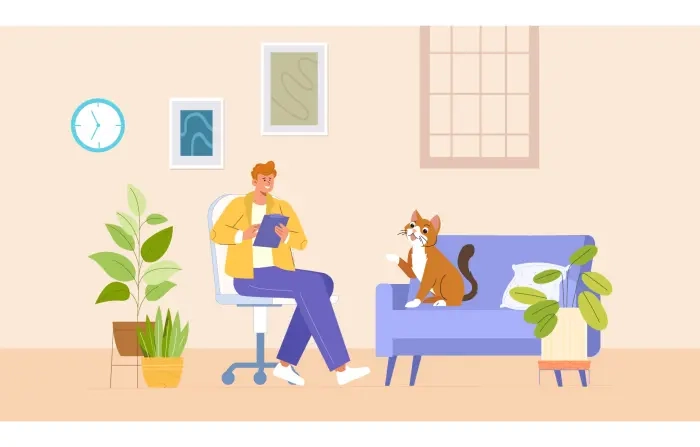 Man Spending Time with Cat at Home Flat 2D Design Illustration