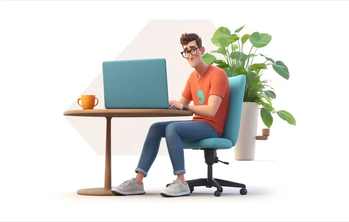 Man Working on Tabel with Laptop Premium 3D Illustration image