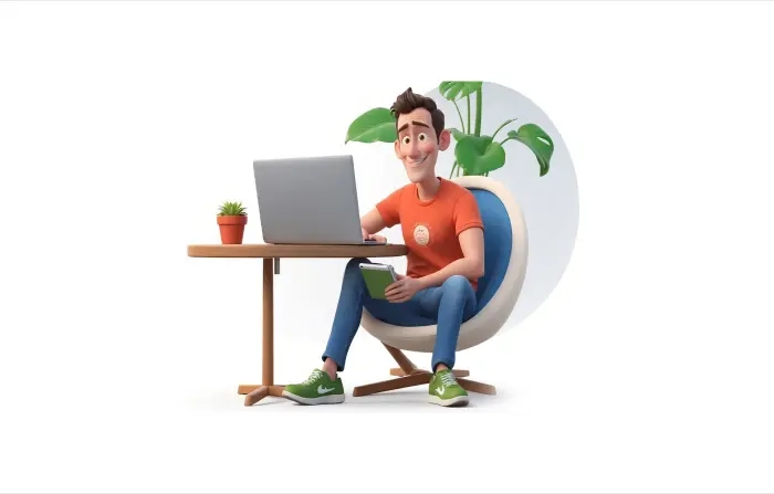 Man Working on Table with Laptop Premium 3D Cartoon Design Illustration
