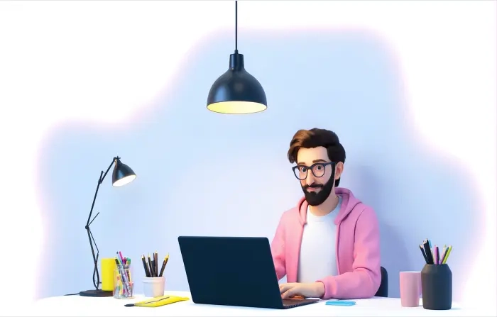 Man Working on Table with Laptop Unique 3D Design Illustration