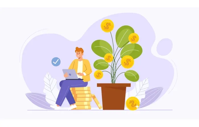 Man on Gold Coin with Laptop near Money Plant in Flat Cartoon Illustration