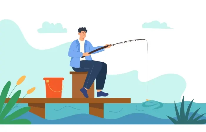 Man with Fishing Rod Flat Cartoon Design Illustration