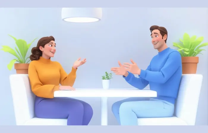 Men and Women Talking on Table 3D Cartoon Design Illustration