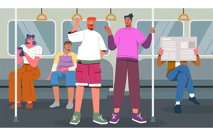 Metro Train Commuters Interacting Flat Avtar Art Stock Illustration