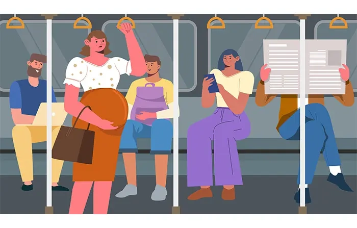 Metro Train Passengers and Pregnant Lady Flat Character Illustration image
