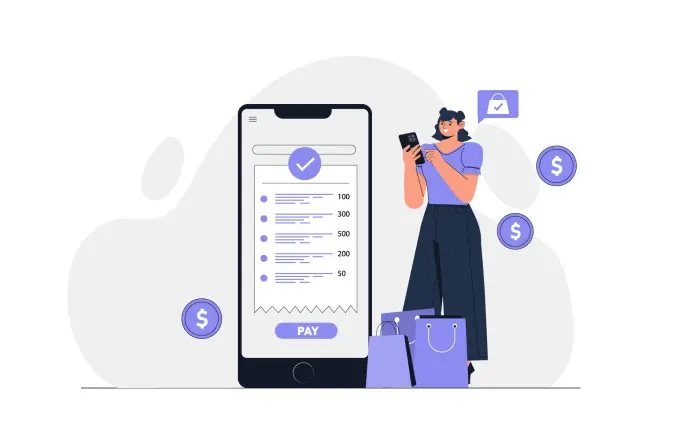 Mobile Banking Concept Art Girl Using Online Payment Flat Character Design Illustration