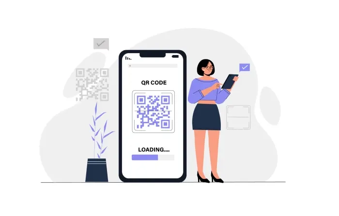 Mobile Banking Concept Flat Character with QR Code Scanner Illustration