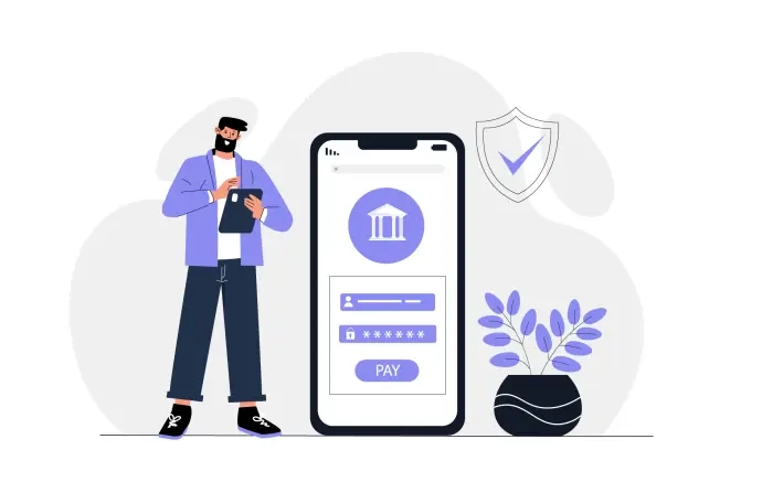 Mobile Banking Concept Man Using Secure Payment Flat Vector Design Illustration