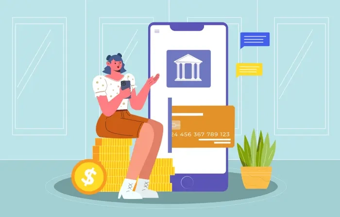 Mobile Banking Interface with Female Character Illustration
