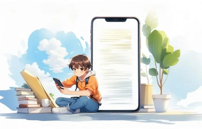 Mobile Revolution Concept Flat 2D Character Boy with Mobile Illustration image