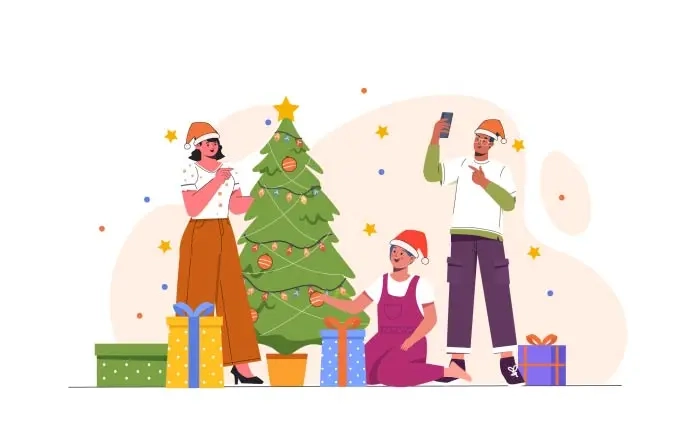 Modern Kids Christmas Celebrating Vector Stock Illustration