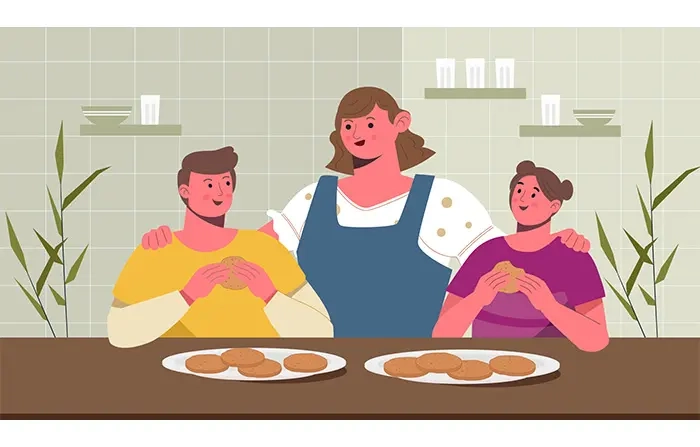 Mom Feeding Food to Her Kids Flat Character Illustration image