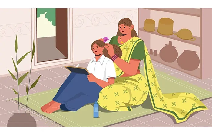 Mom Oiling and Tying Her School Girl Hair 2D Vector Illustration