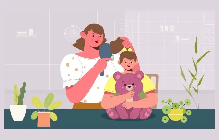 Mom Tying Her Cute Girl Hair 2D Vector Illustration