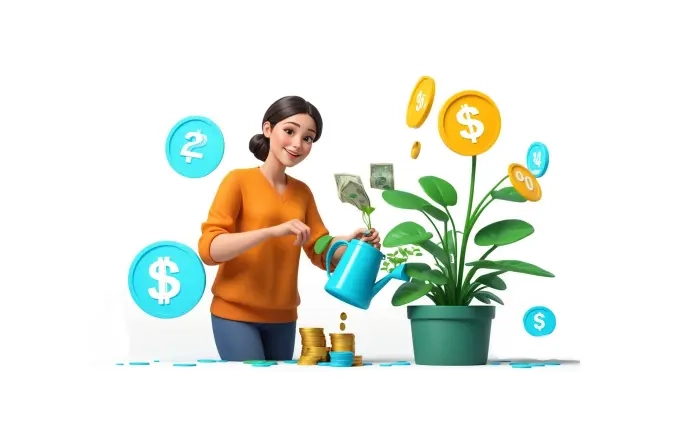 Money Plant with Woman 3D Character Illustration
