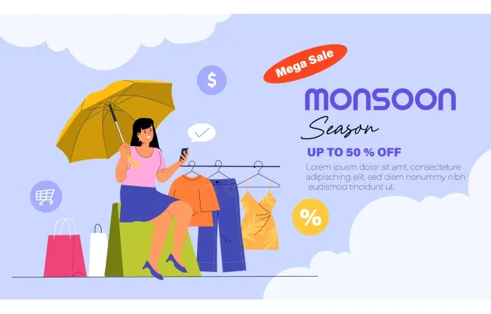 Monsoon Season Sale Background with Girl and Umbrella Vector Illustration
