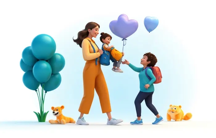 Mother's Day Greeting Mom and Kids 3D Cartoon Character Illustration