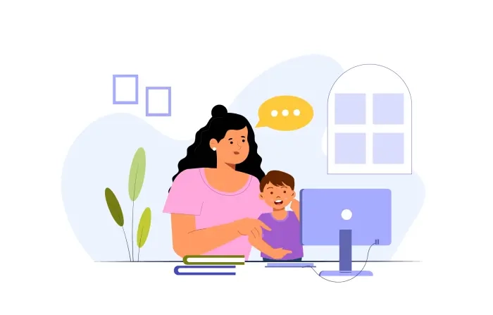 Mother Teaching to Son Vector Illustration