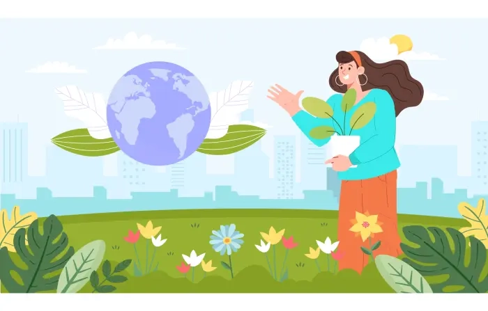 Nature Protection Young Girl Holding Plant Flat Character Illustration
